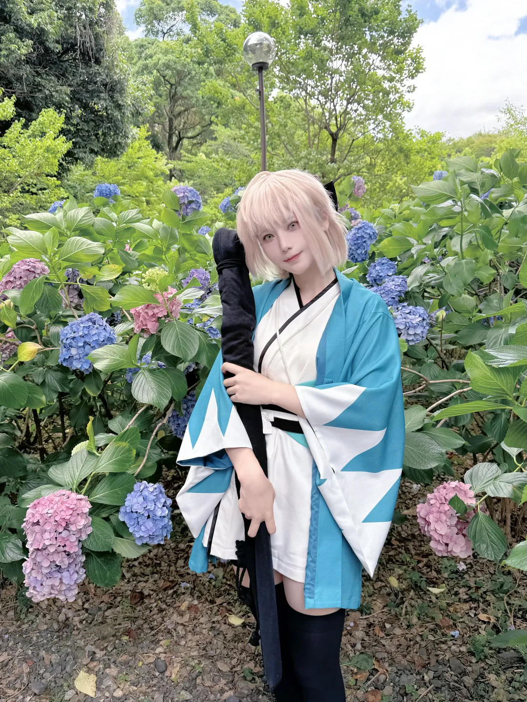 Fate/Grand Order, 冲田总司cos, 外景摄影, 绣球花写真, 和风服化道