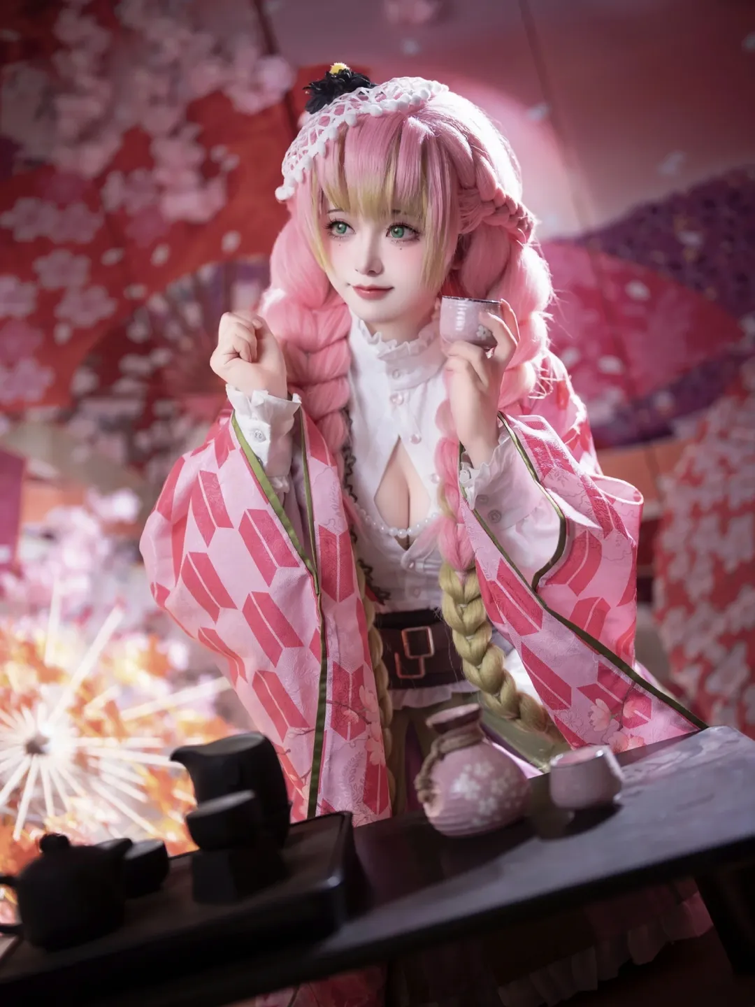 鬼滅の刃, 和風撮影, 甘露寺蜜璃コスプレ, 桜祭り, メイク・スタイリング再現