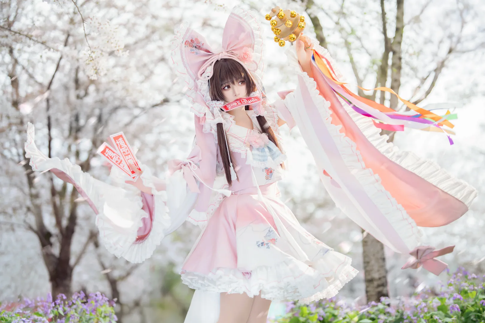 博丽灵梦cos, 东方project, 樱花外景, 春日摄影, 二次创作巫女服 - 第4张