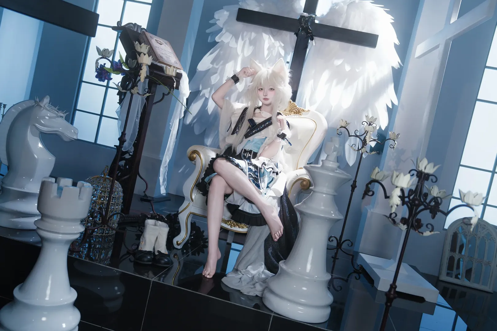 二次元cosplay, 明日方舟, 迷迭香cos, 白毛猫耳, 角色扮演写真 - 第7张