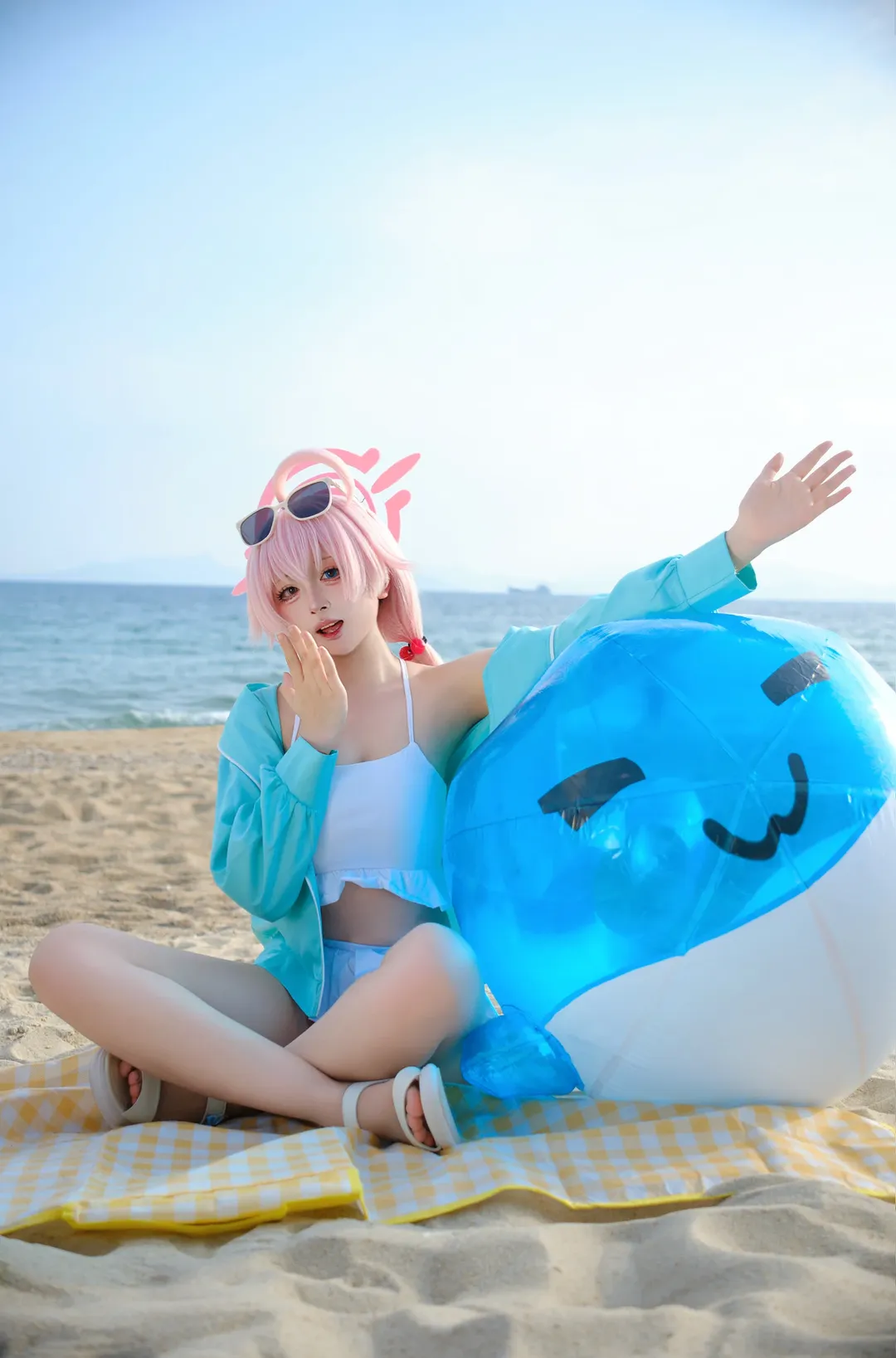 Blue Archive, Anime cosplay, Takanashi Hoshino cosplay, Outdoor photography, Summer beach photo