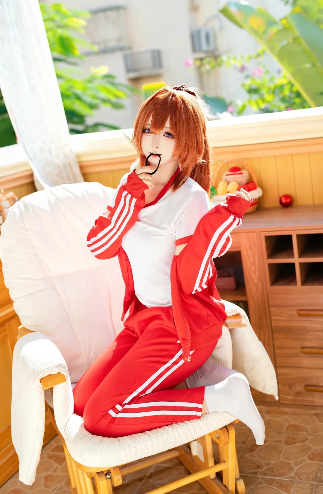 Atmospheric photography, Sporty style cosplay, Home-style photography, Red tracksuit, Hide and seek theme - Image 3