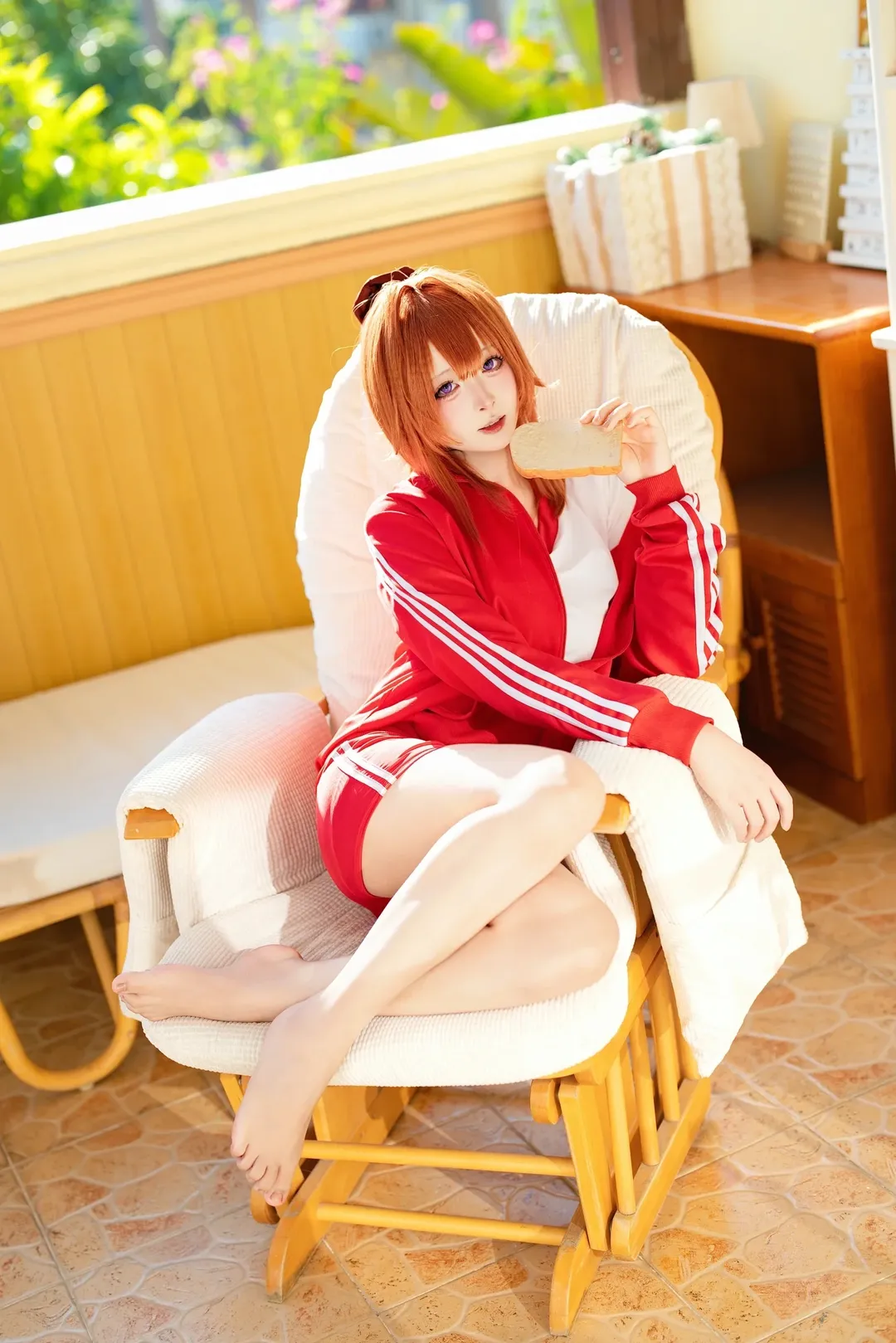 Atmospheric photography, Sporty style cosplay, Home-style photography, Red tracksuit, Hide and seek theme - Image 4