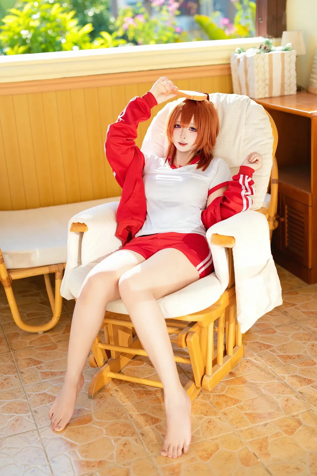 Atmospheric photography, Sporty style cosplay, Home-style photography, Red tracksuit, Hide and seek theme - Image 5