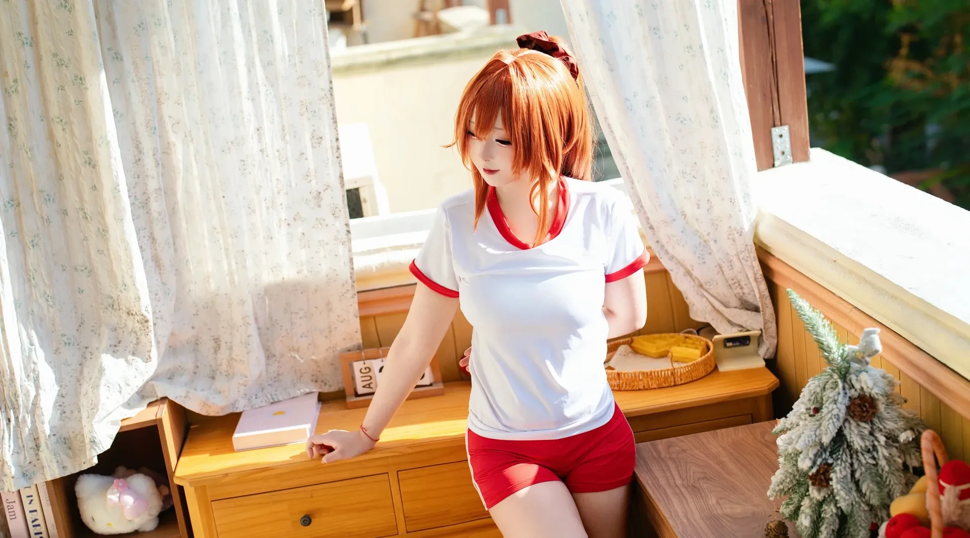 Atmospheric photography, Sporty style cosplay, Home-style photography, Red tracksuit, Hide and seek theme - Image 7