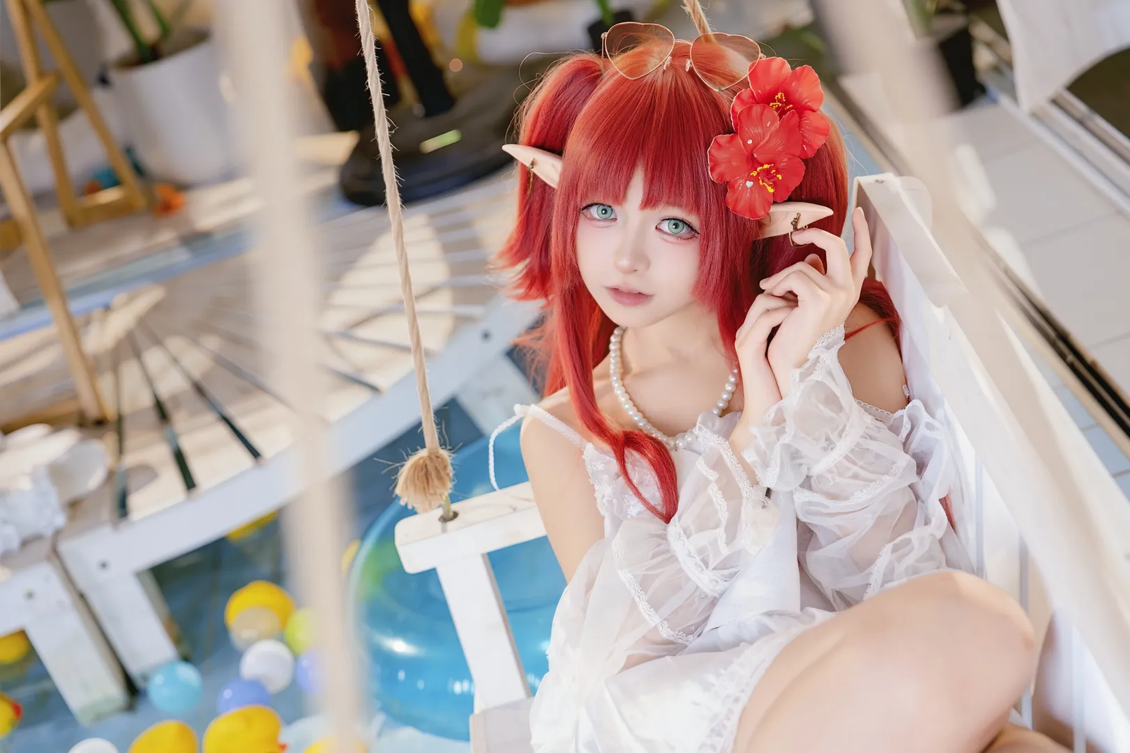 明日方舟, 桃金娘cos, 夏日泳池写真, 红色假发cos, 精灵耳装扮 - 第8张