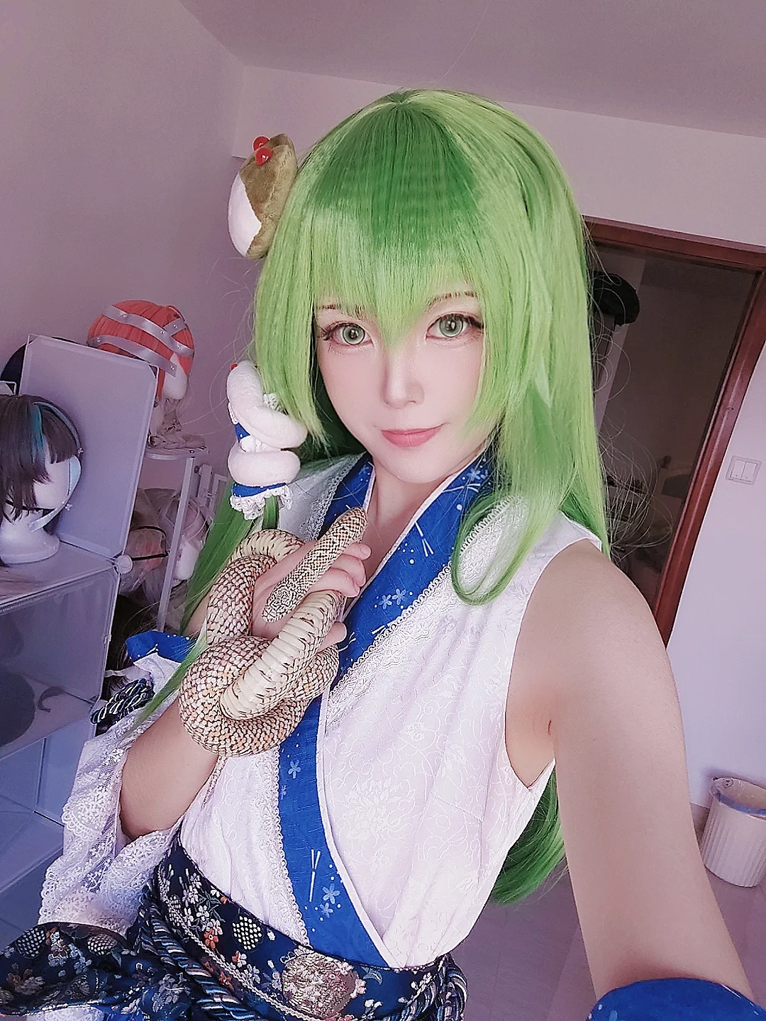 Anime-style photography, Touhou Project, Kochiya Sanae Cosplay, Cosplay insights, Prop snake interaction