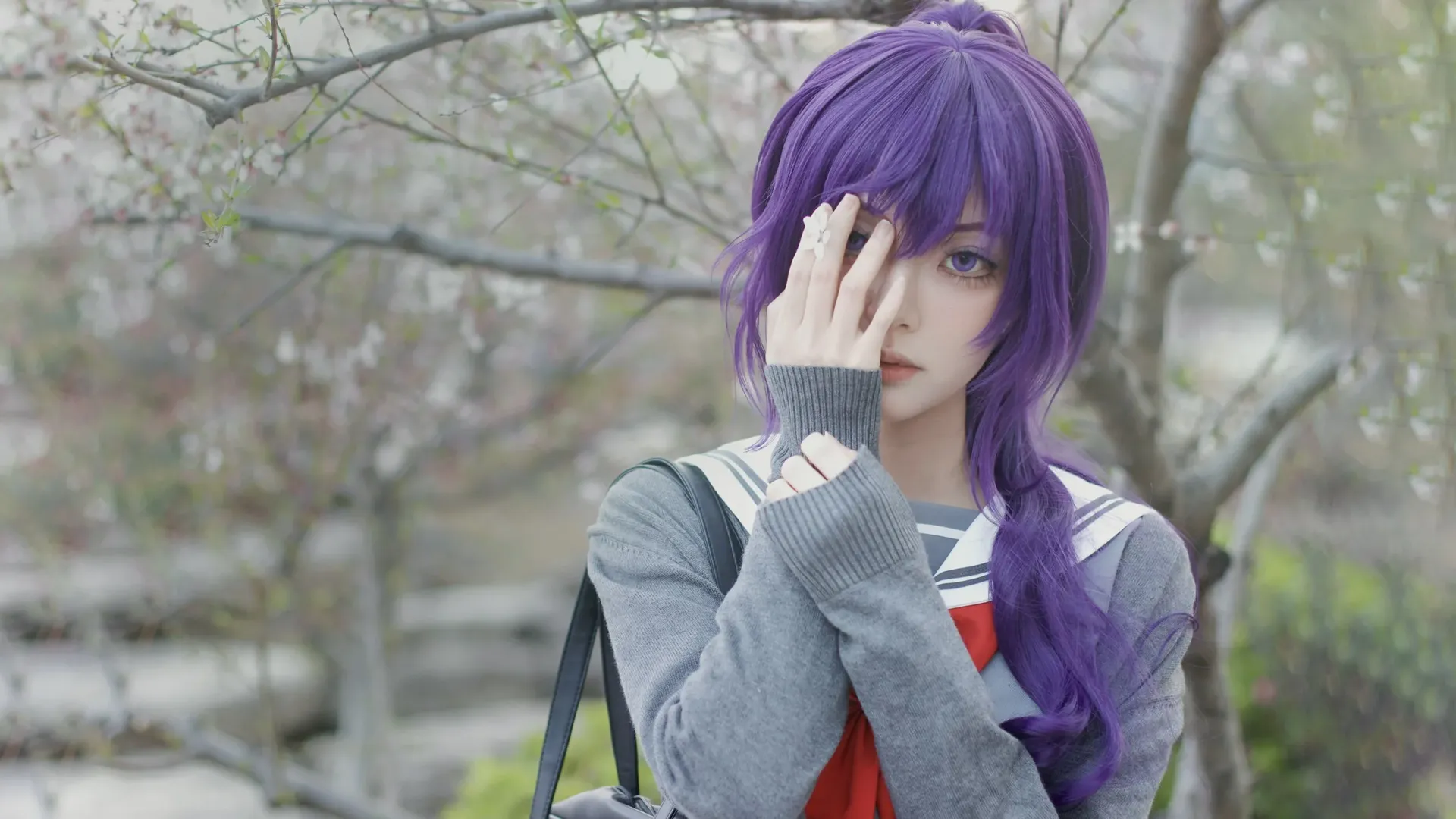 プロジェクトセカイ, コスプレ撮影, 朝比奈まふゆ コスプレ, 紫のウィッグ, 春の桜