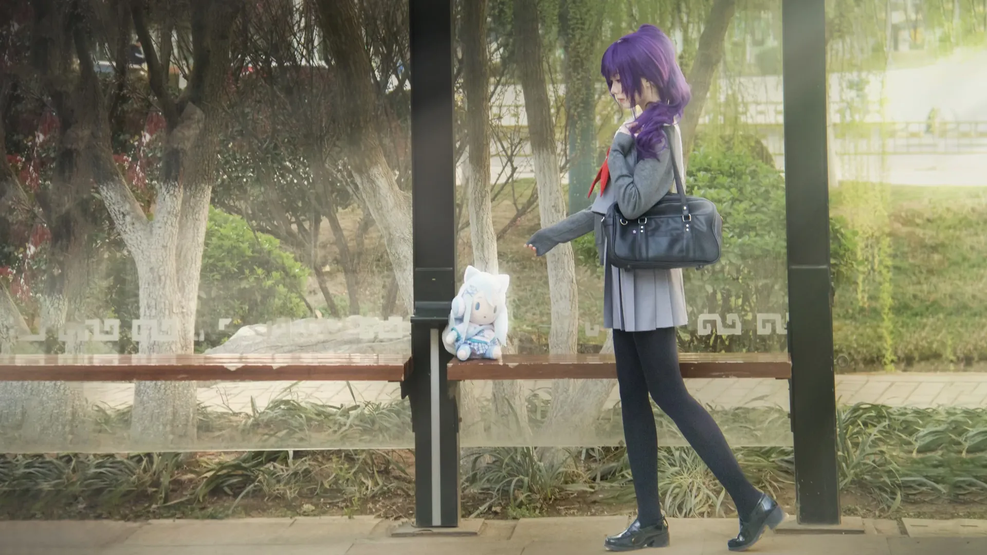 Project Sekai, Cosplay photography, Asahina Mafuyu cosplay, Purple wig, Spring cherry blossoms - Image 3