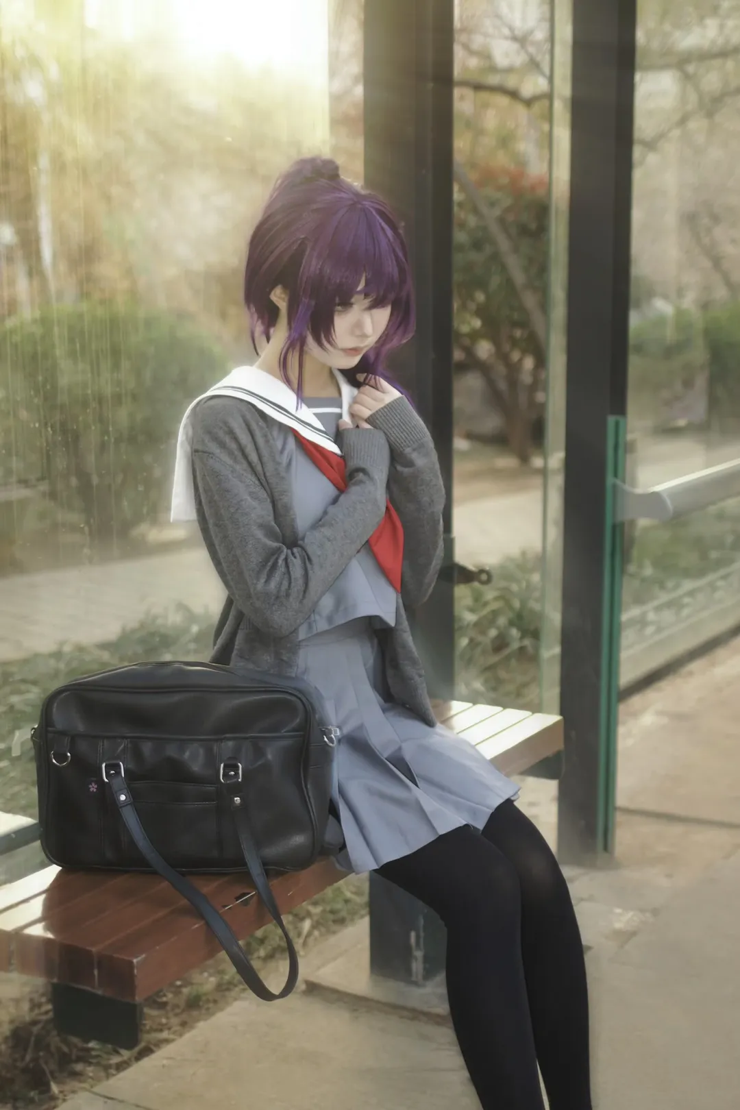 Project Sekai, Cosplay photography, Asahina Mafuyu cosplay, Purple wig, Spring cherry blossoms - Image 6