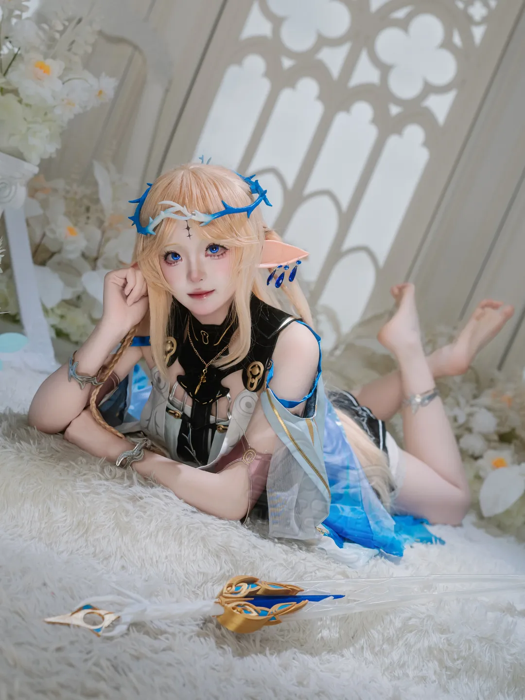 Wuthering Waves, cosplay, Cartethyia Cosplay, Elf girl, Blue and white color scheme