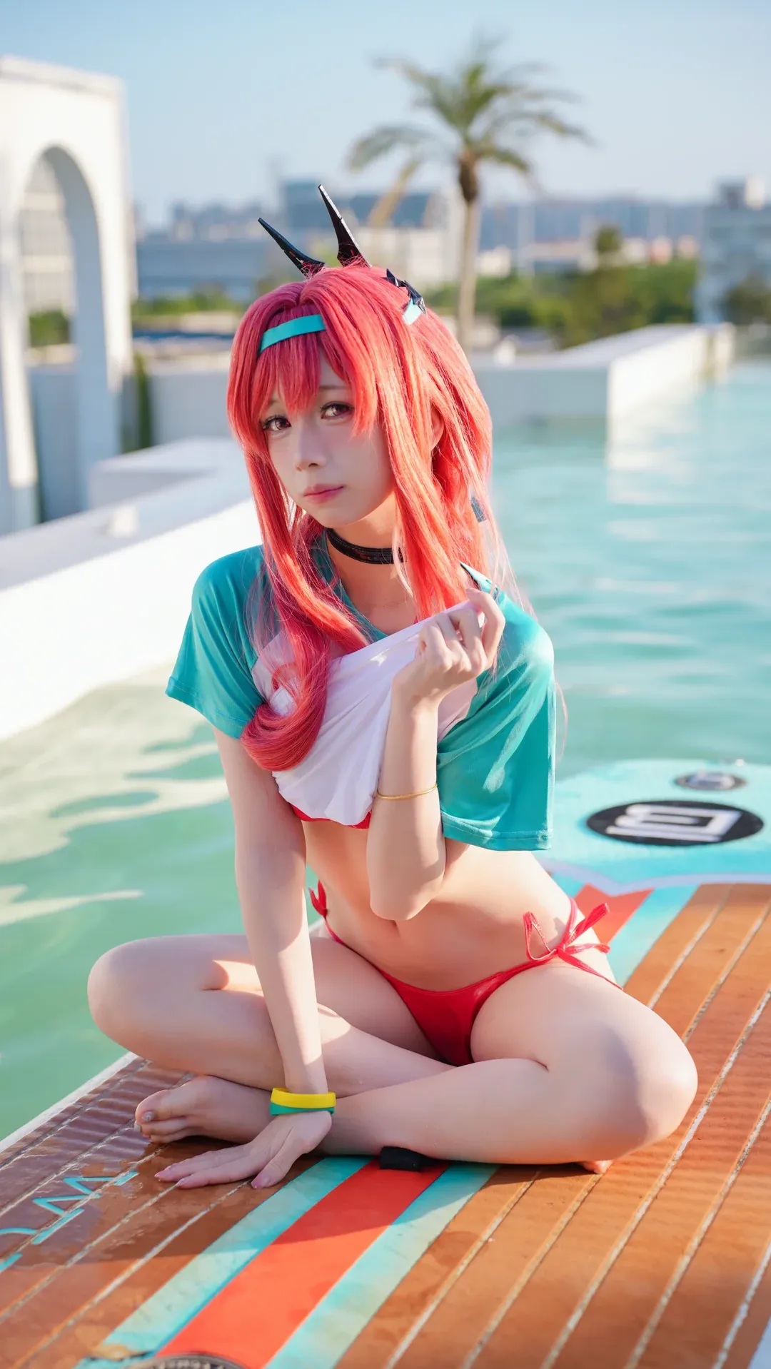 Anime-style photography, Summer cosplay, Red hair styling, Swimming pool photography, Water park