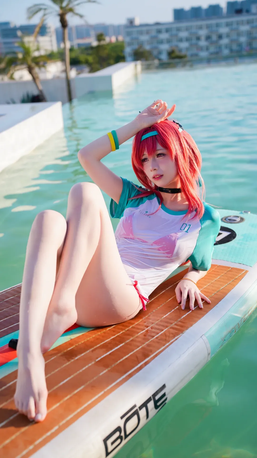 二次元写真, 夏日cosplay, 红发造型, 泳池摄影, 水上乐园 - 第2张