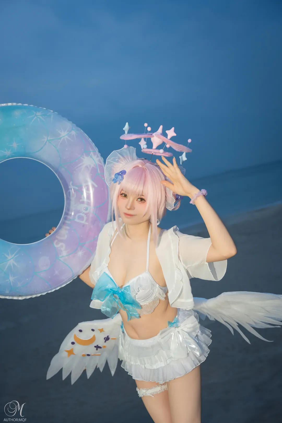 Anime-style photography, Blue Archive, Swimsuit cosplay, Misono Mika cosplay, Seaside photoshoot
