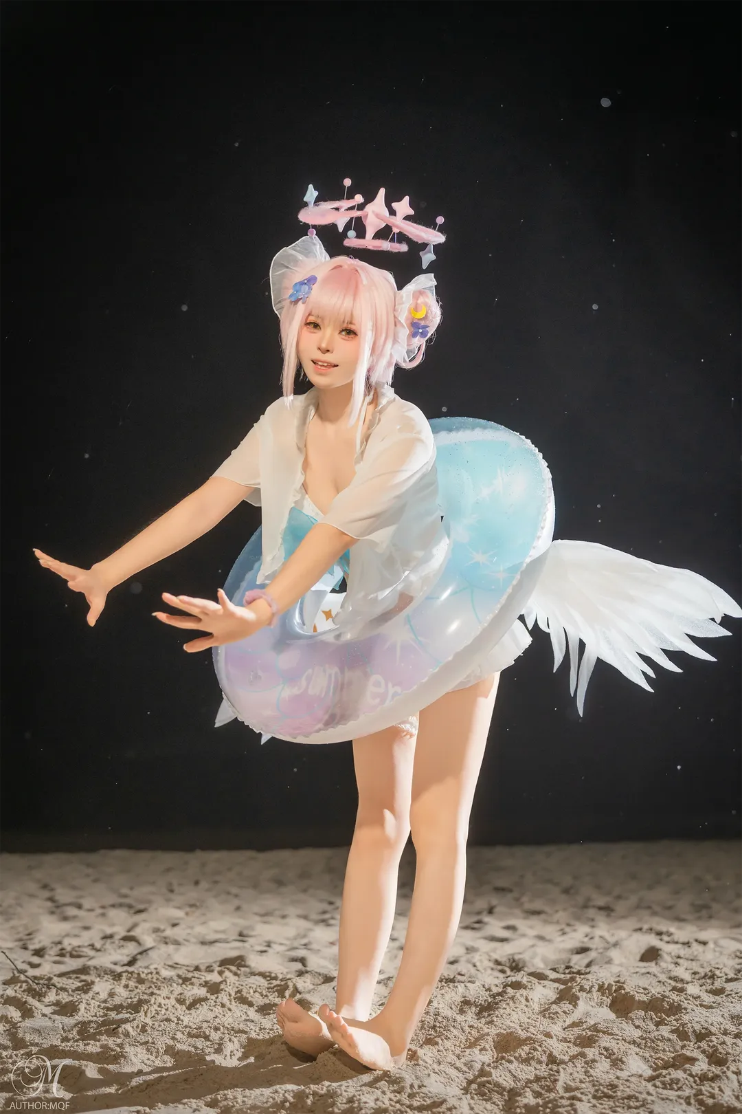 Anime-style photography, Swimsuit, Blue Archive, Misono Mika cosplay, Night beach - Image 1