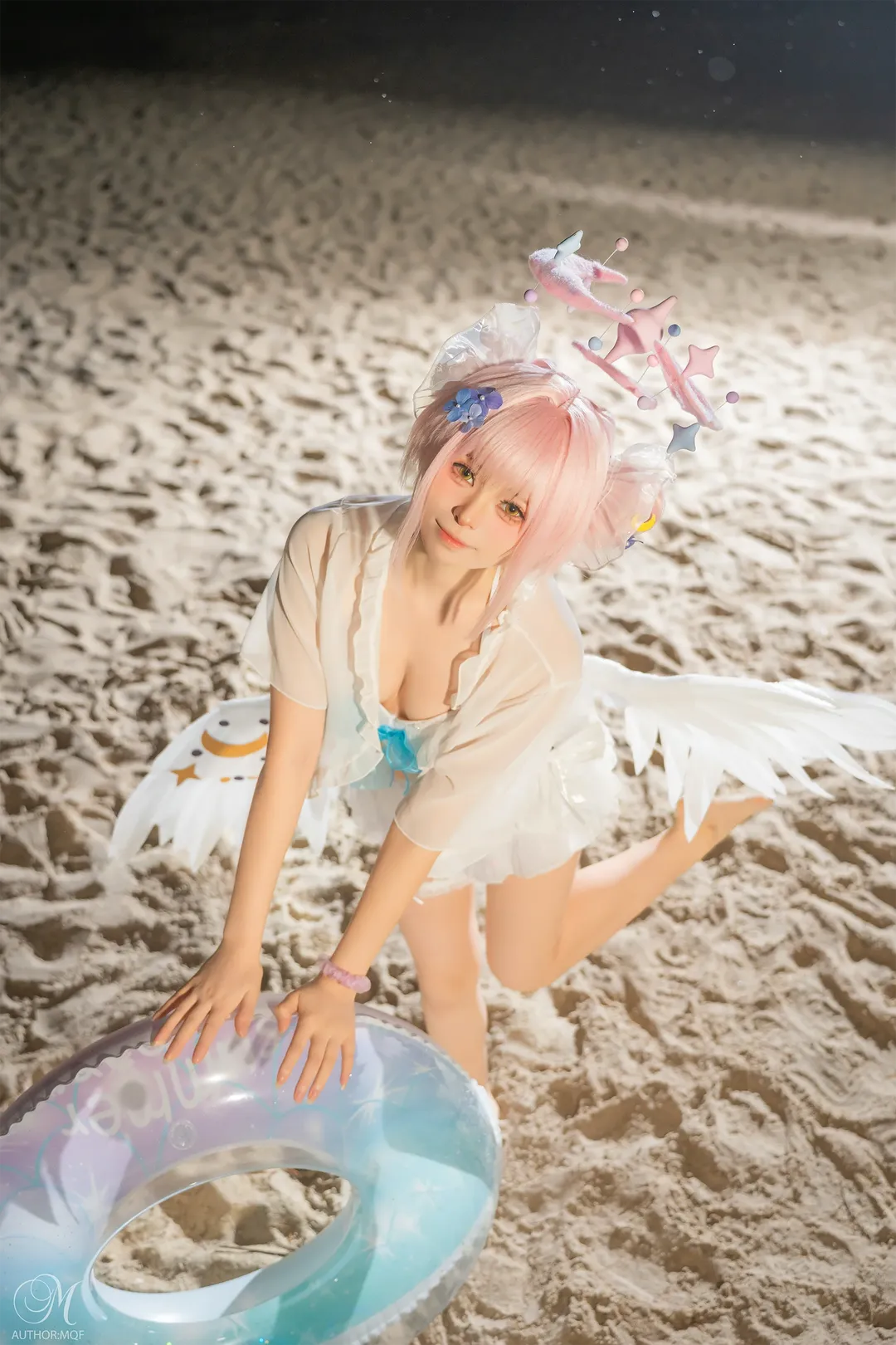 Anime-style photography, Swimsuit, Blue Archive, Misono Mika cosplay, Night beach - Image 2