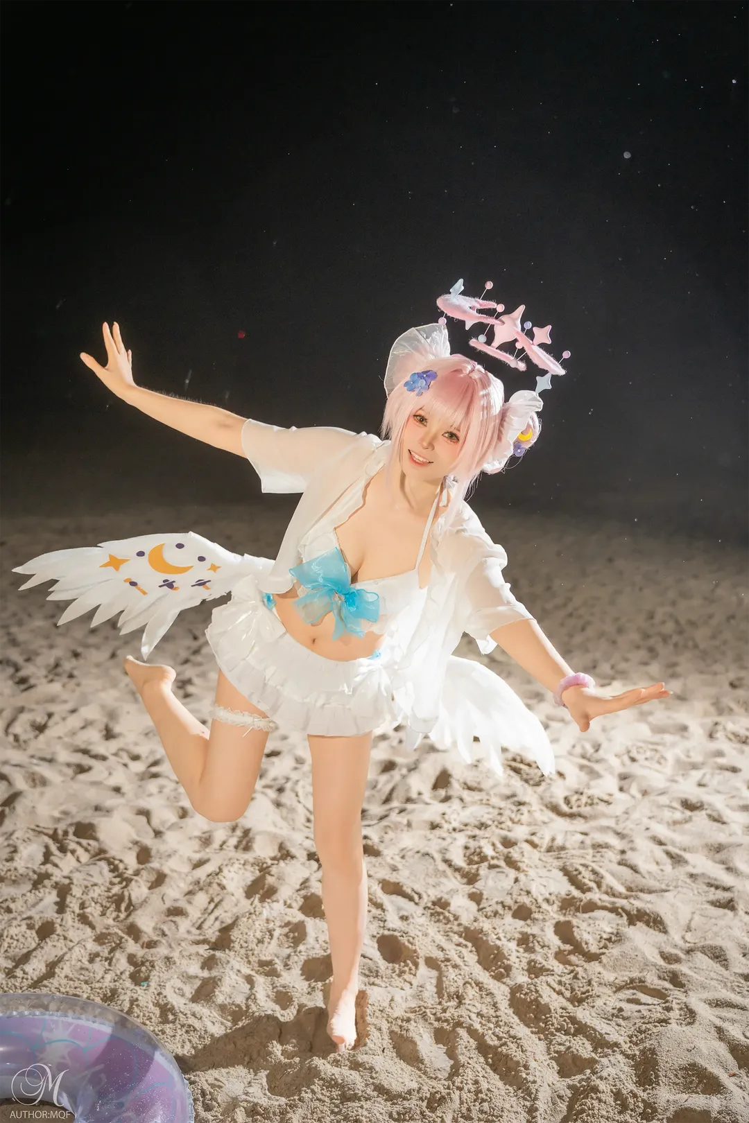 Anime-style photography, Swimsuit, Blue Archive, Misono Mika cosplay, Night beach