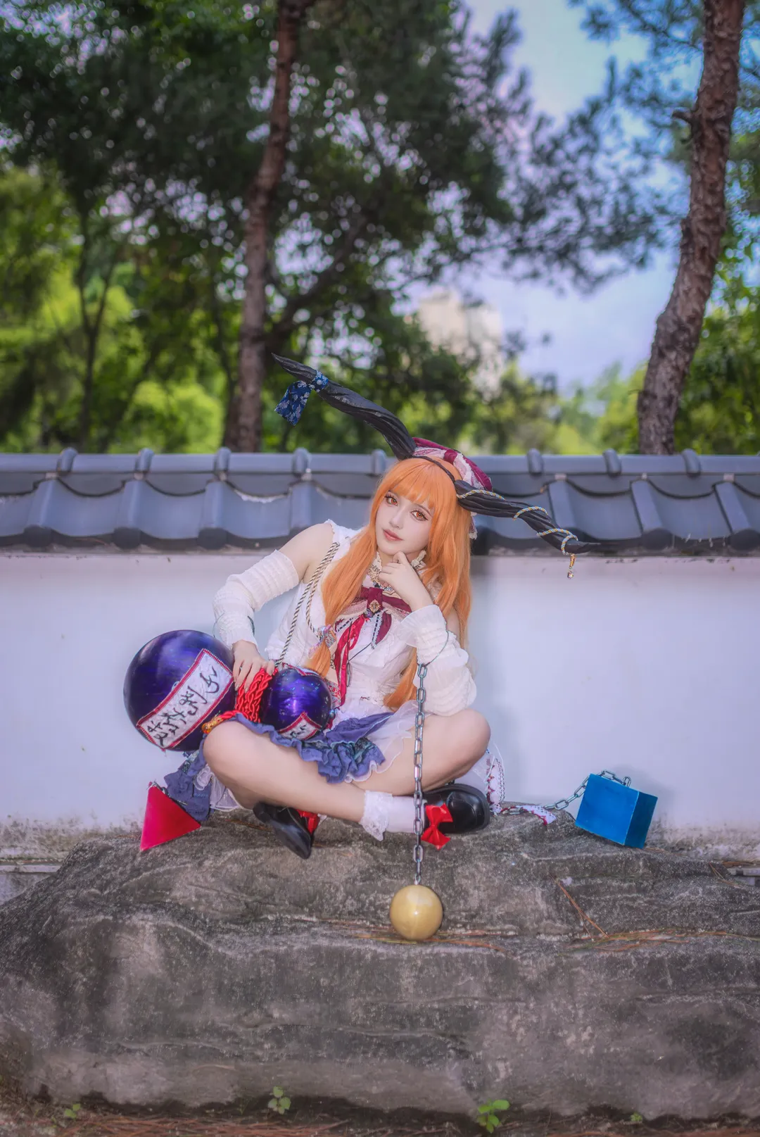 Touhou Project, Ibuki Suika cosplay, Orange hair, Oni, Wine gourd - Image 1