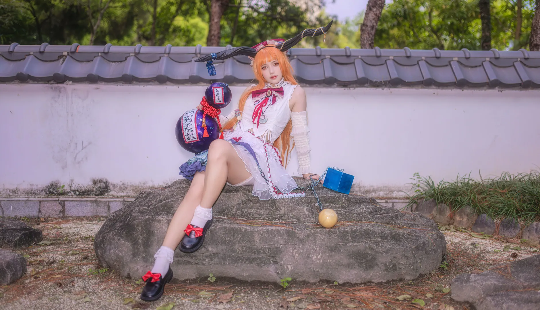 Touhou Project, Ibuki Suika cosplay, Orange hair, Oni, Wine gourd - Image 2