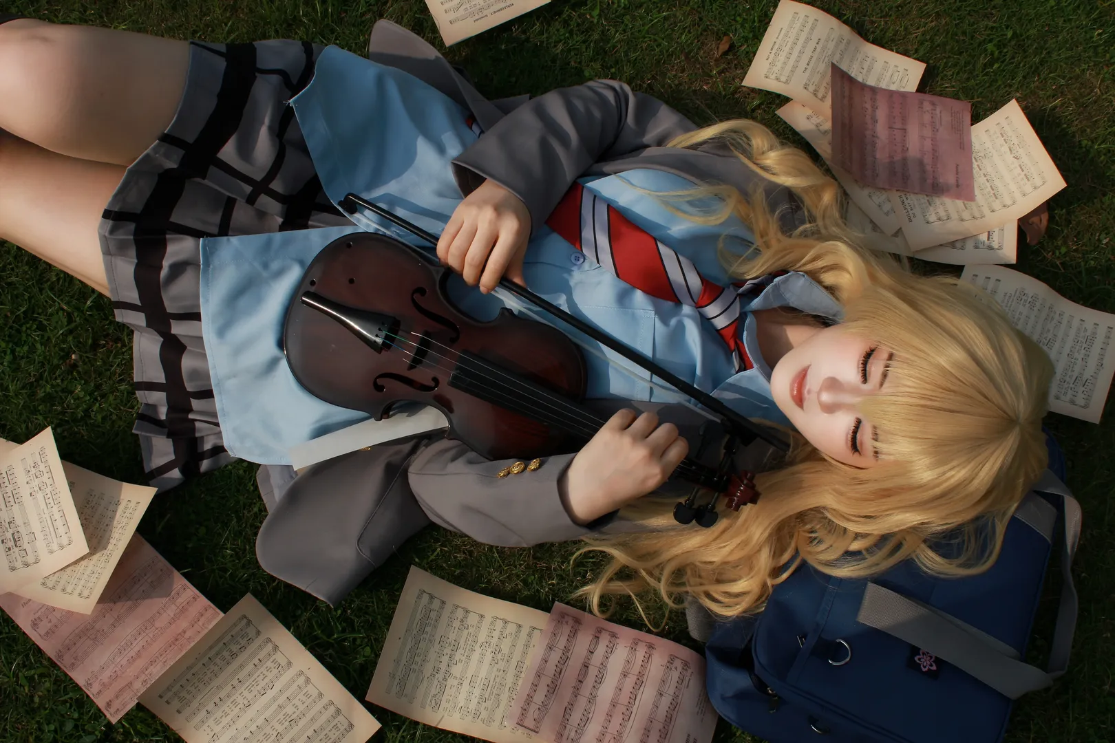 Miyazono Kaori cosplay, Your Lie in April, Violin cosplay, Cherry blossom scene cosplay, School uniform cosplay - Image 1