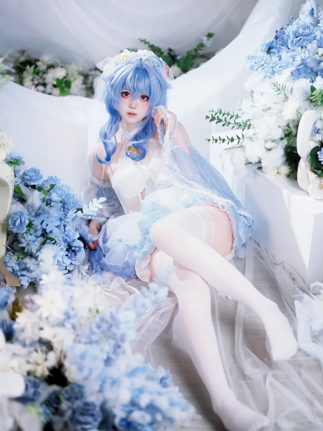 原神, 甘雨 コスプレ, 2次元少女, コスプレ撮影, 青と白の夢幻スタイル - 1枚目