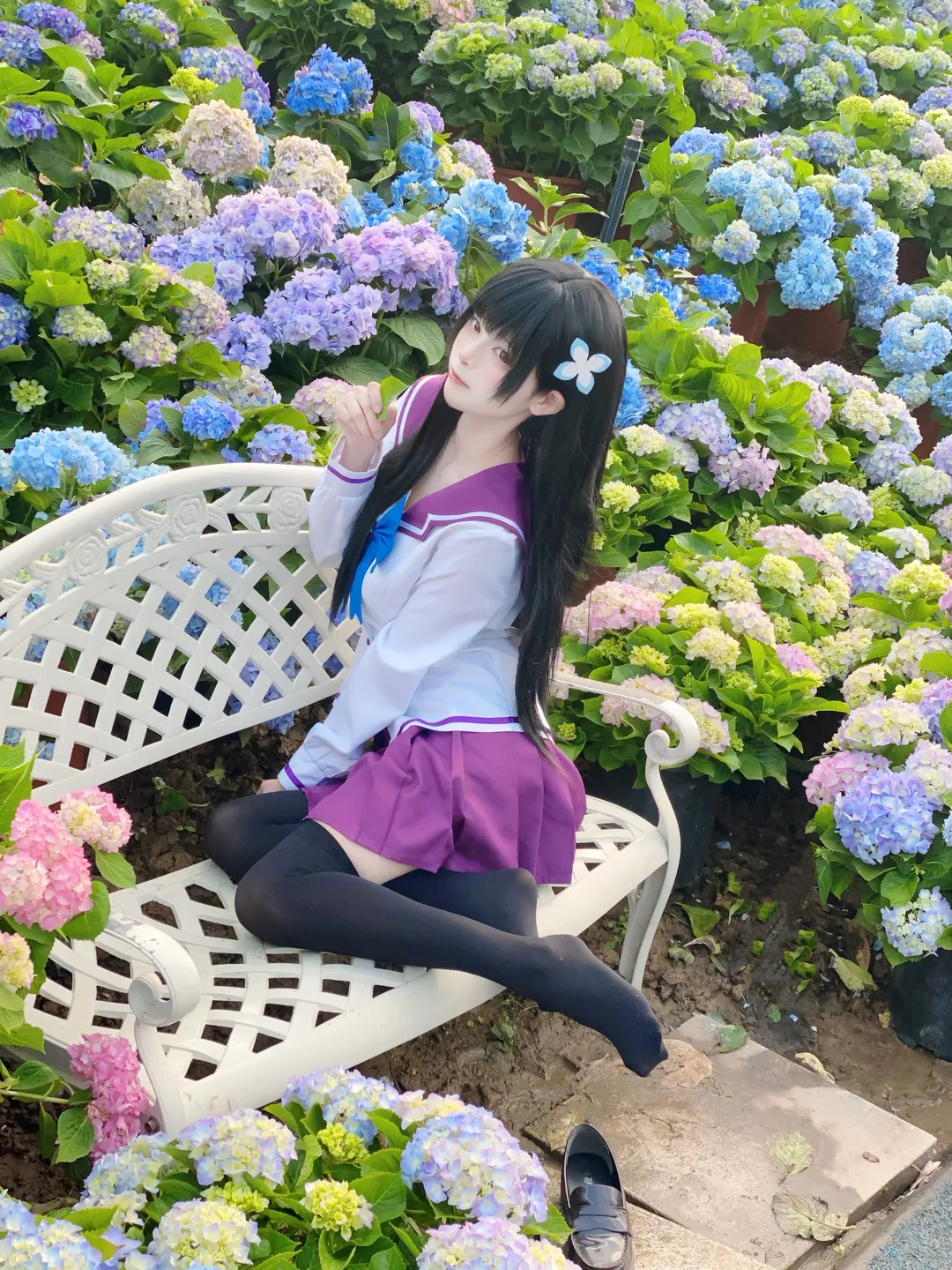 散華禮彌cos, 動漫cosplay, jk制服, 散華禮彌, 繡球花海