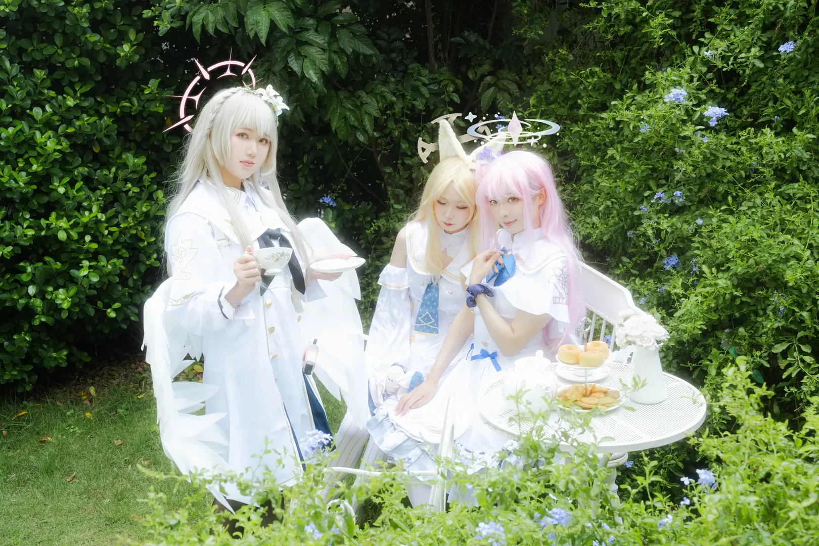 Anime-style photography, Blue Archive, Misono Mika cosplay, Tea party, Group photo