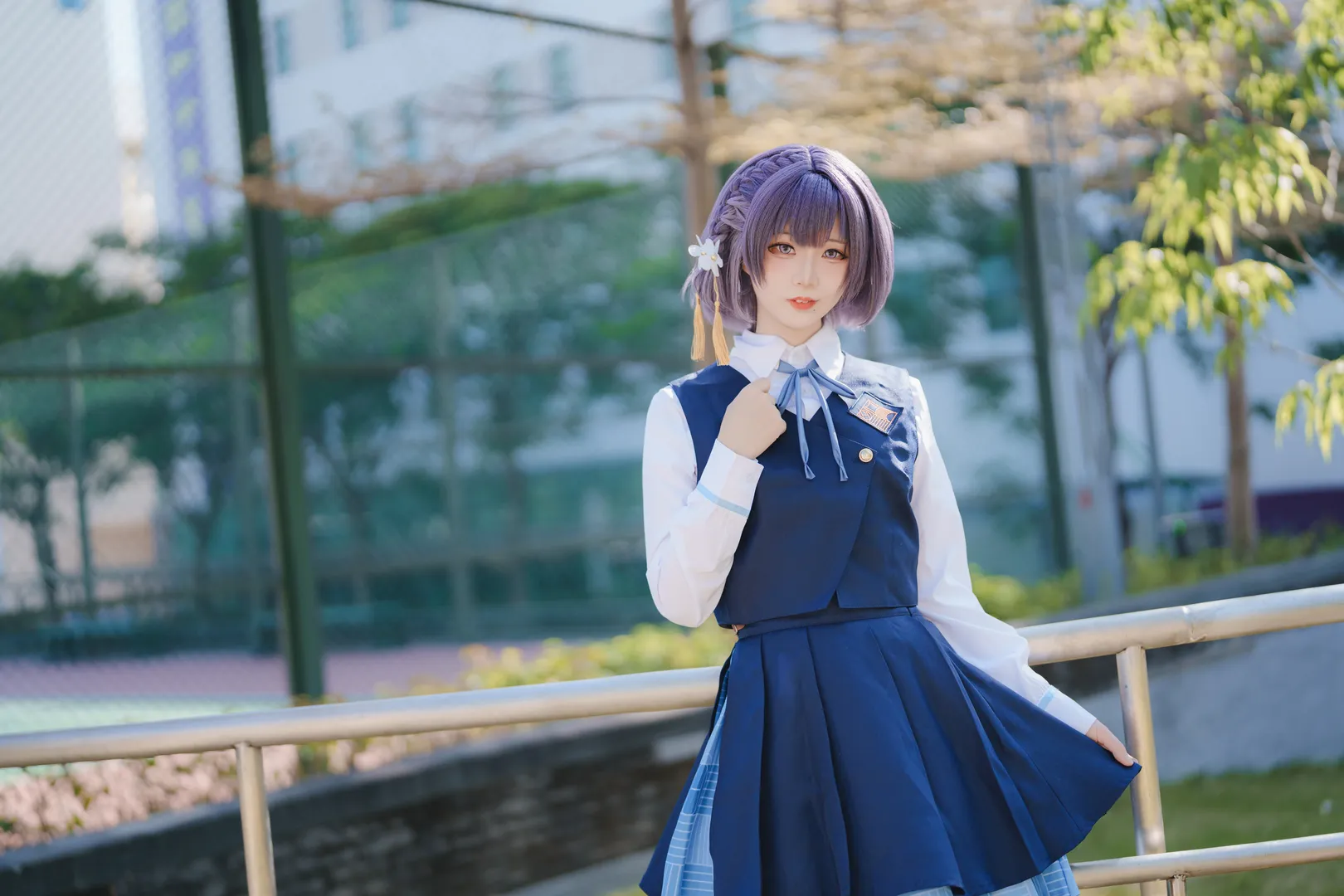 学园偶像大师, 秦谷美铃cos, 偶像大师cosplay, 校园制服, 紫发造型