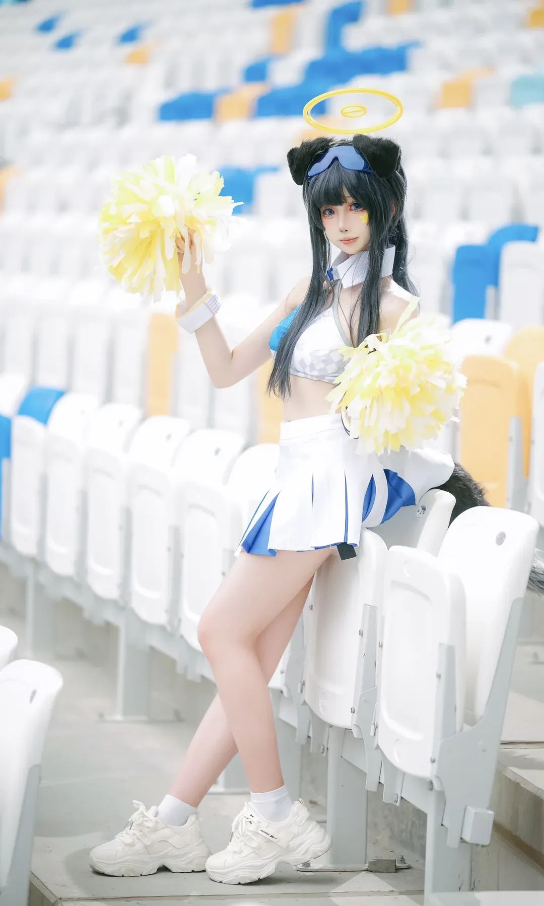 Anime-style photography, Blue Archive, Nekozuka Hibiki cosplay, Cheerleader cosplay, Stadium photoshoot