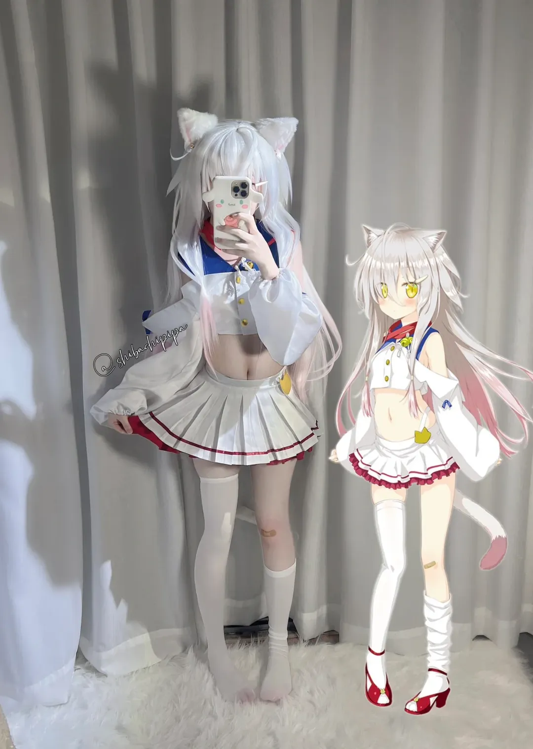 白毛cosplay, 猫耳水手服, 二次元制服, 过膝袜穿搭, Sakura Moyu