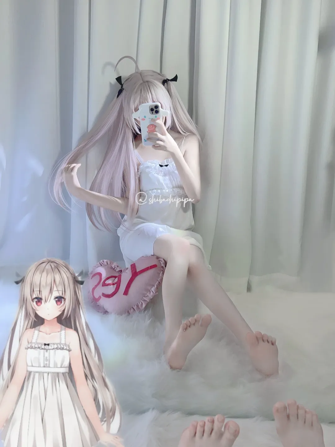 2D daily life, Silver hair cosplay, Home-style photography, White slip dress, Galgame style