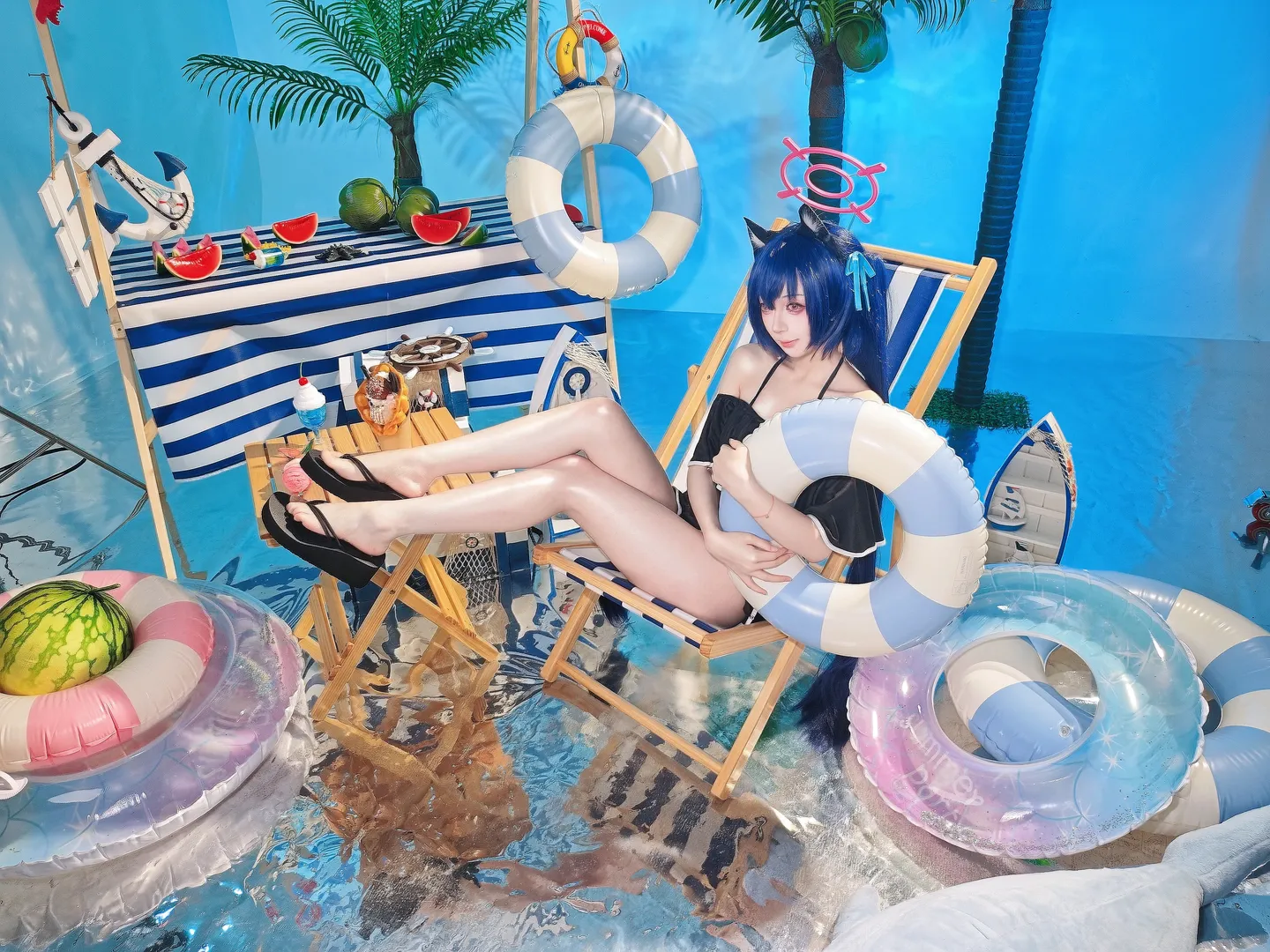蔚蓝档案, 夏日泳装, cosplay摄影, 黑见芹香cos, 沙滩棚拍