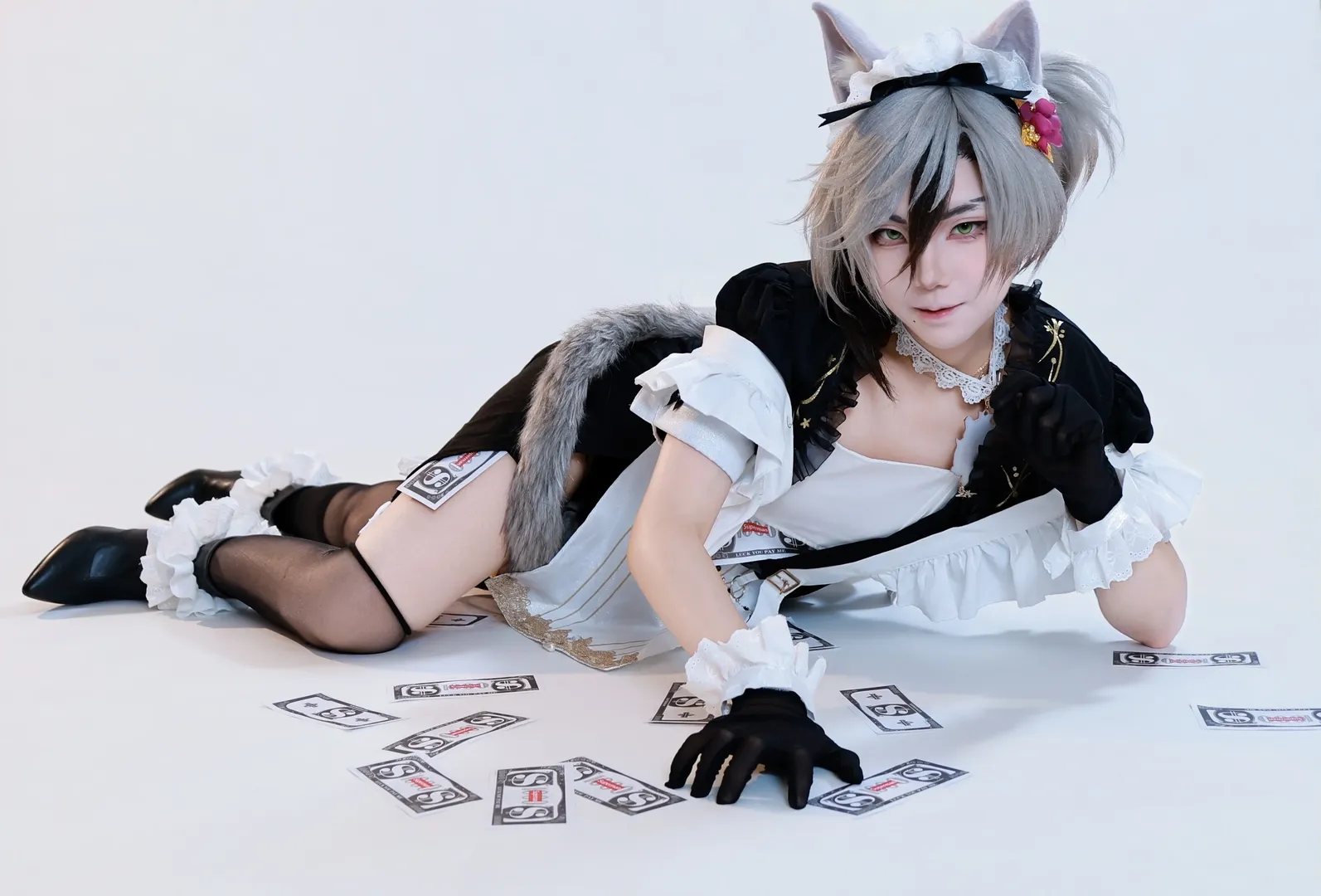 Cosplay photography, Cat ear maid cosplay, Grey hair wig, Furry tail prop, Black and white maid outfit