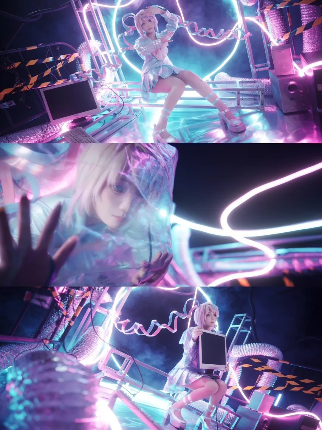 サイバーパンク, 二次元視覚プロジェクト, 超絶最かわ天使ちゃん コスプレ, ネオンの光, グリッチアート - 2枚目