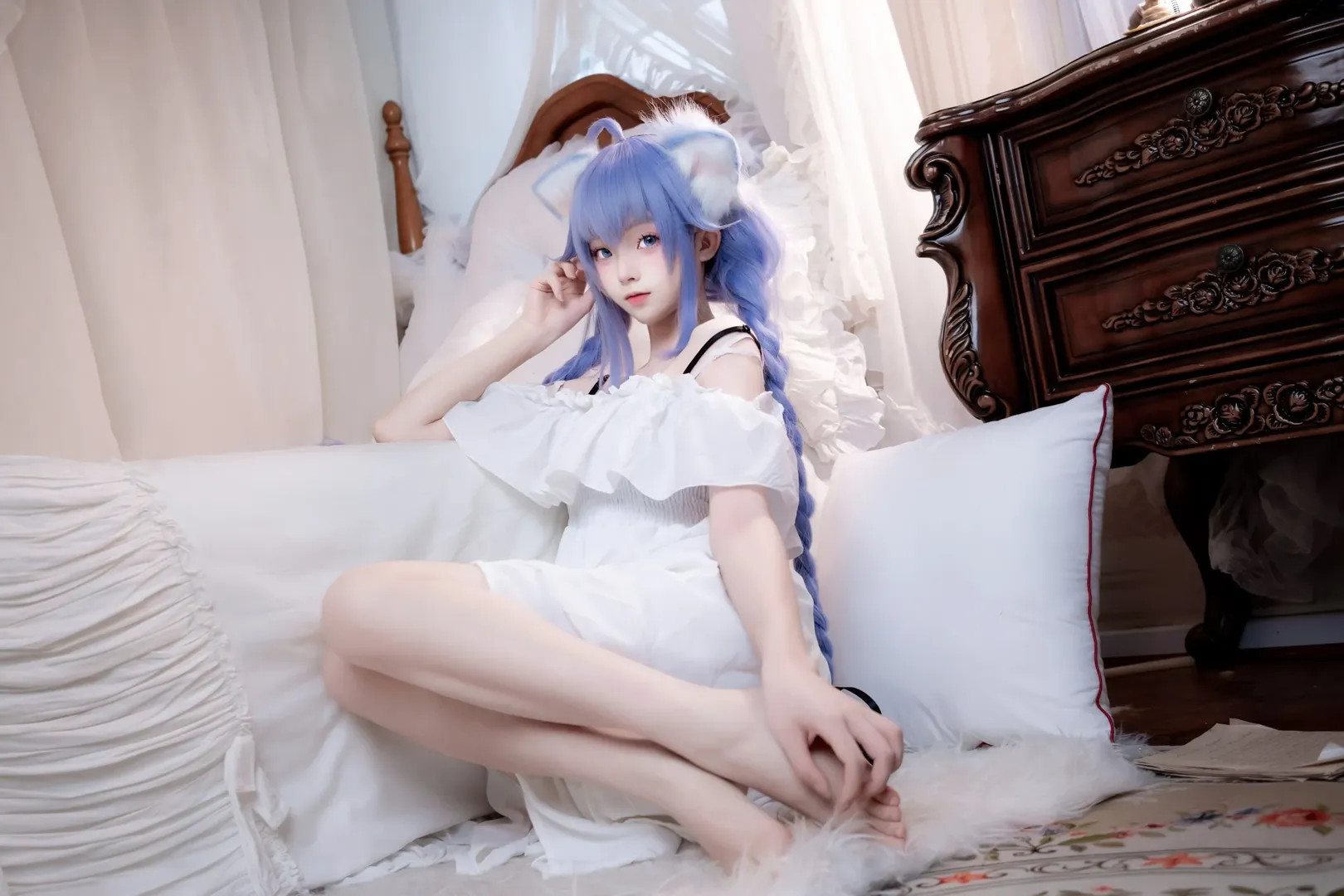 二次元cosplay, 洛琪希cos, 无职转生, 蓝发双马尾, 居家写真 - 第3张