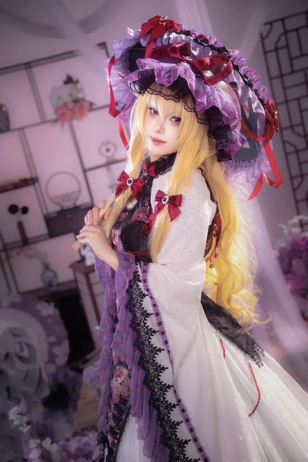Touhou Project, Cosplay photoshoot, Eastern fantasy style, Yakumo Yukari cosplay, Purple lace dress