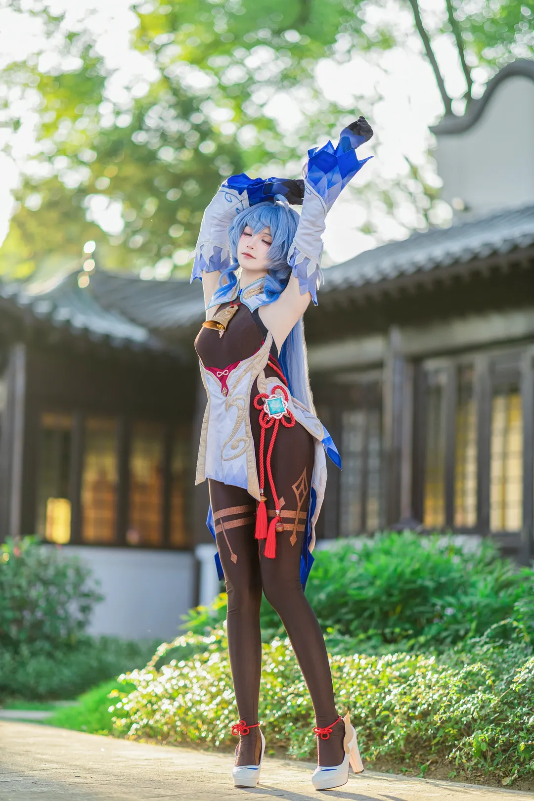 原神, キャラクター再現, 甘雨 コスプレ, アウトドア撮影, バンジージャンプほうれん草