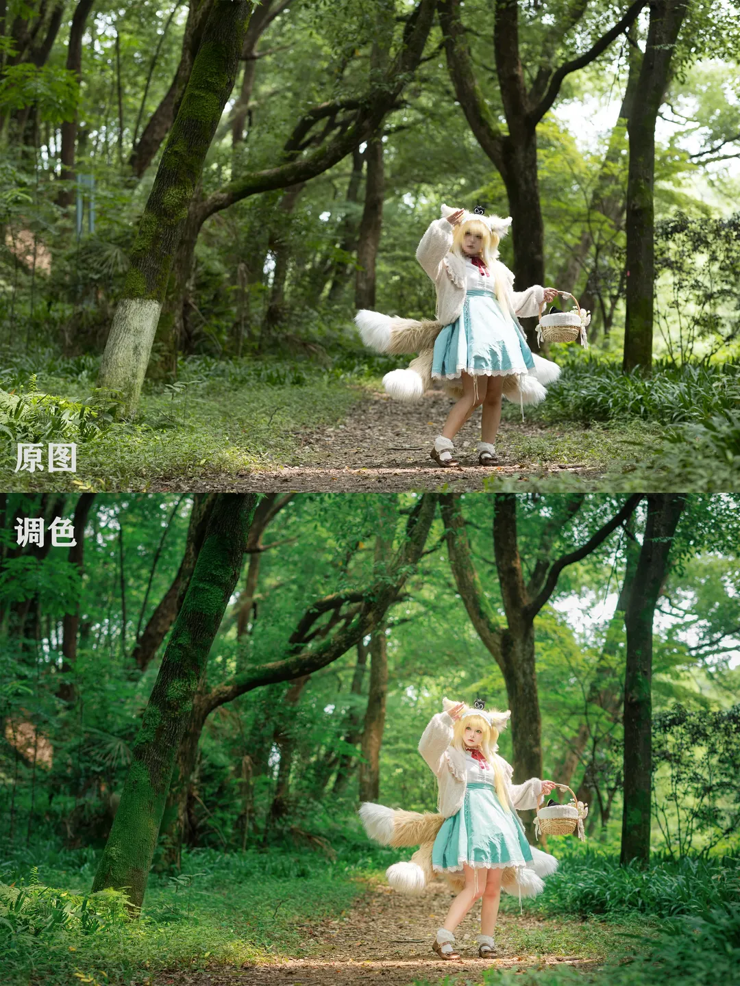 cosplay摄影, 兽耳装扮, 森林外景, 后期调色, 修图前后 - 第1张