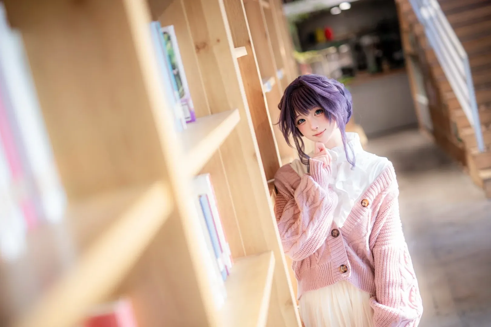 cosplay, 日系写真, 紫发cos, 书店摄影, 毛衣穿搭 - 第6张
