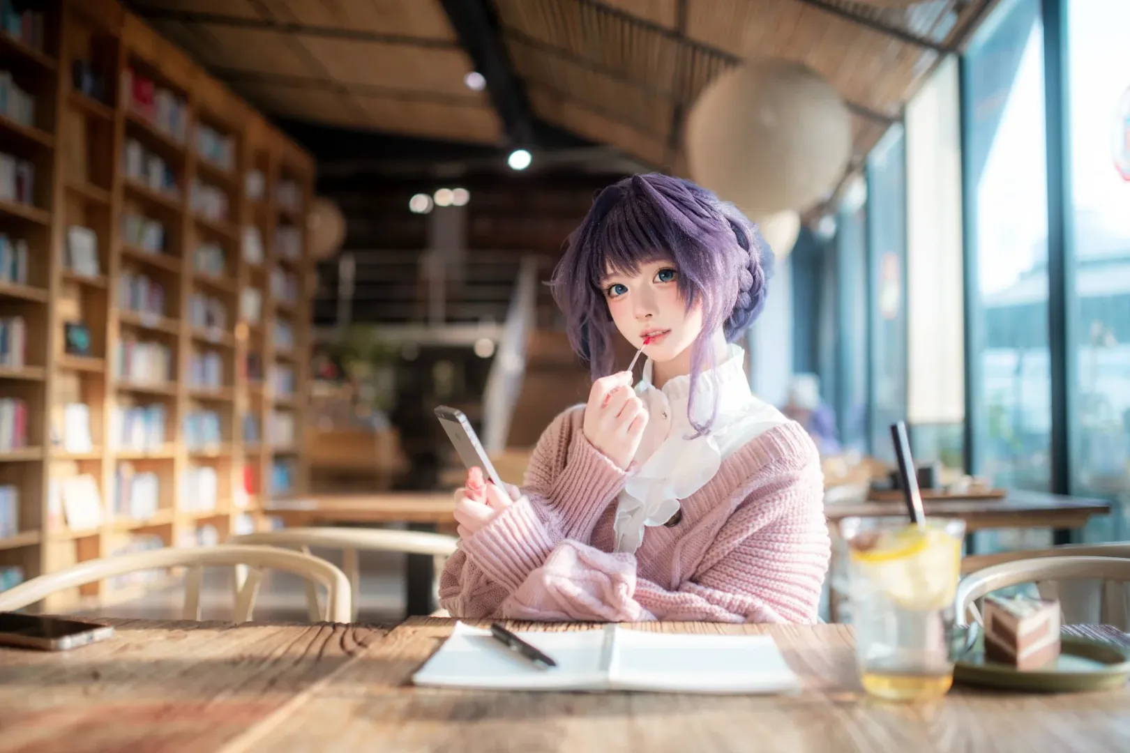 cosplay, 日系写真, 紫发cos, 书店摄影, 毛衣穿搭 - 第8张