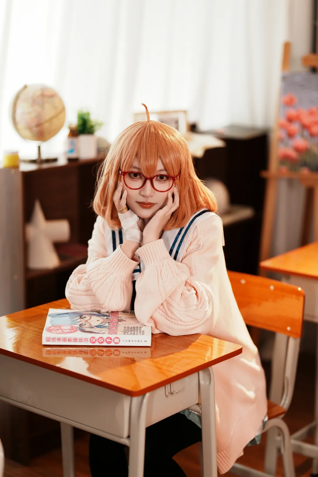 二次元cosplay, 校园摄影, 栗山未来cos, 境界的彼方, 红框眼镜