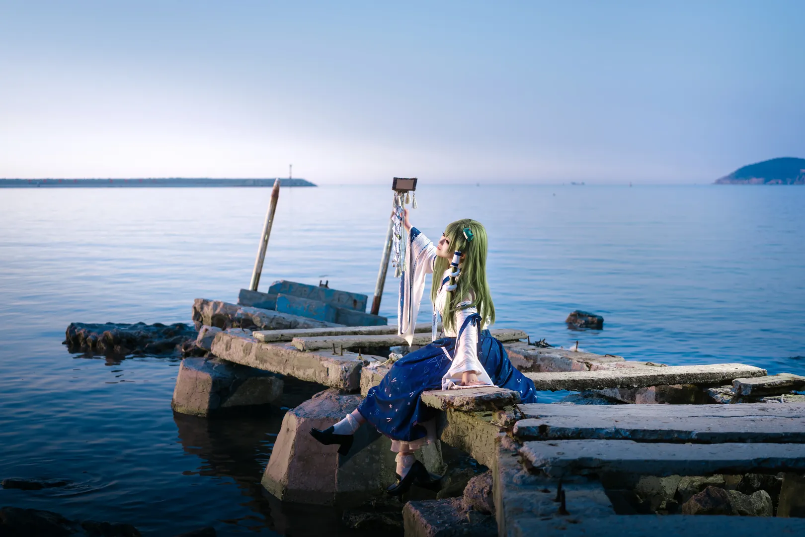 Beach photography, Touhou Project, Anime cosplay, Kochiya Sanae Cosplay, Blue and white color scheme