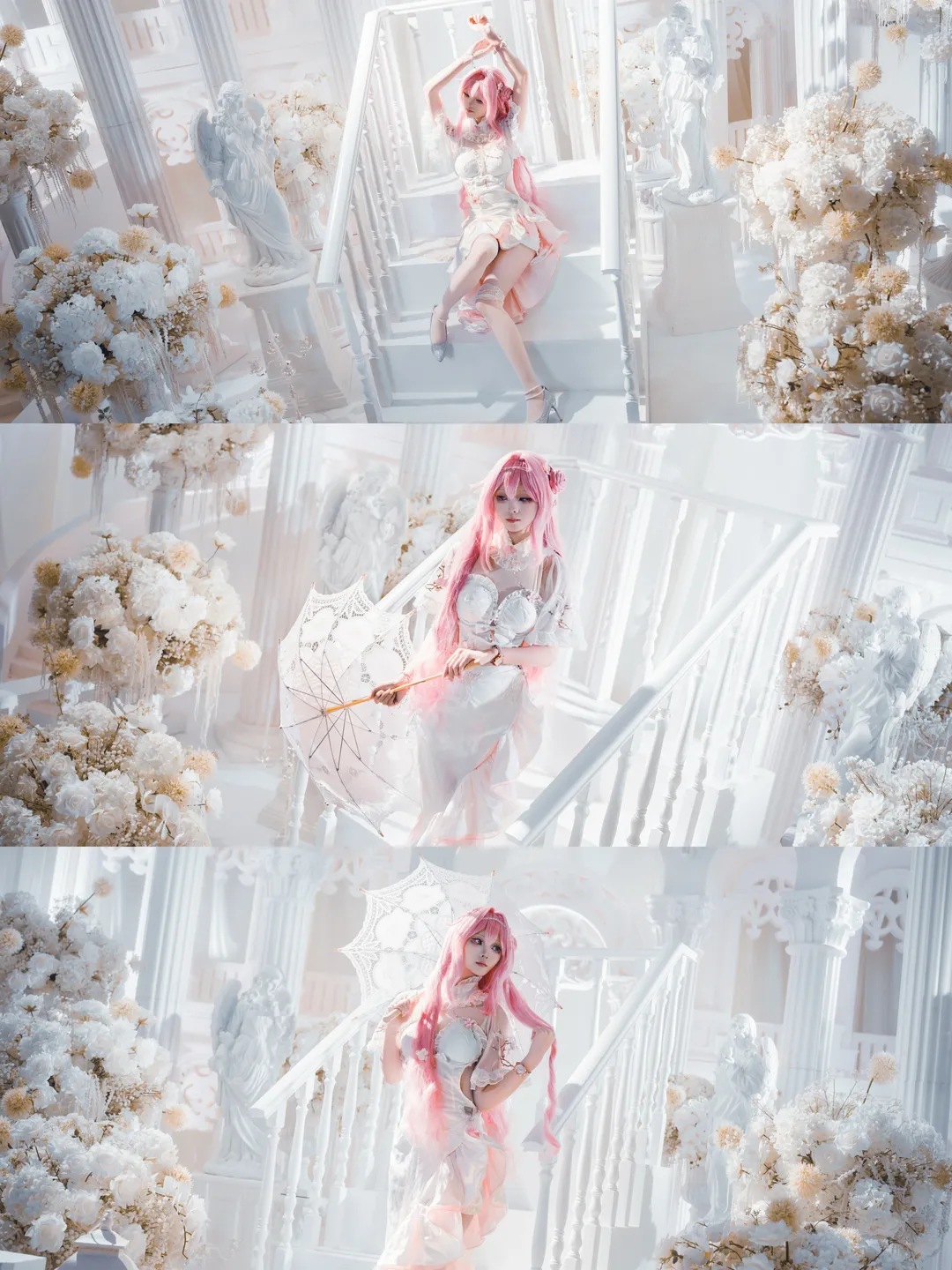 Goddess of Victory: Nikke, Dreamy photography, Dorothy cosplay, White formal dress, Lace parasol - Image 1