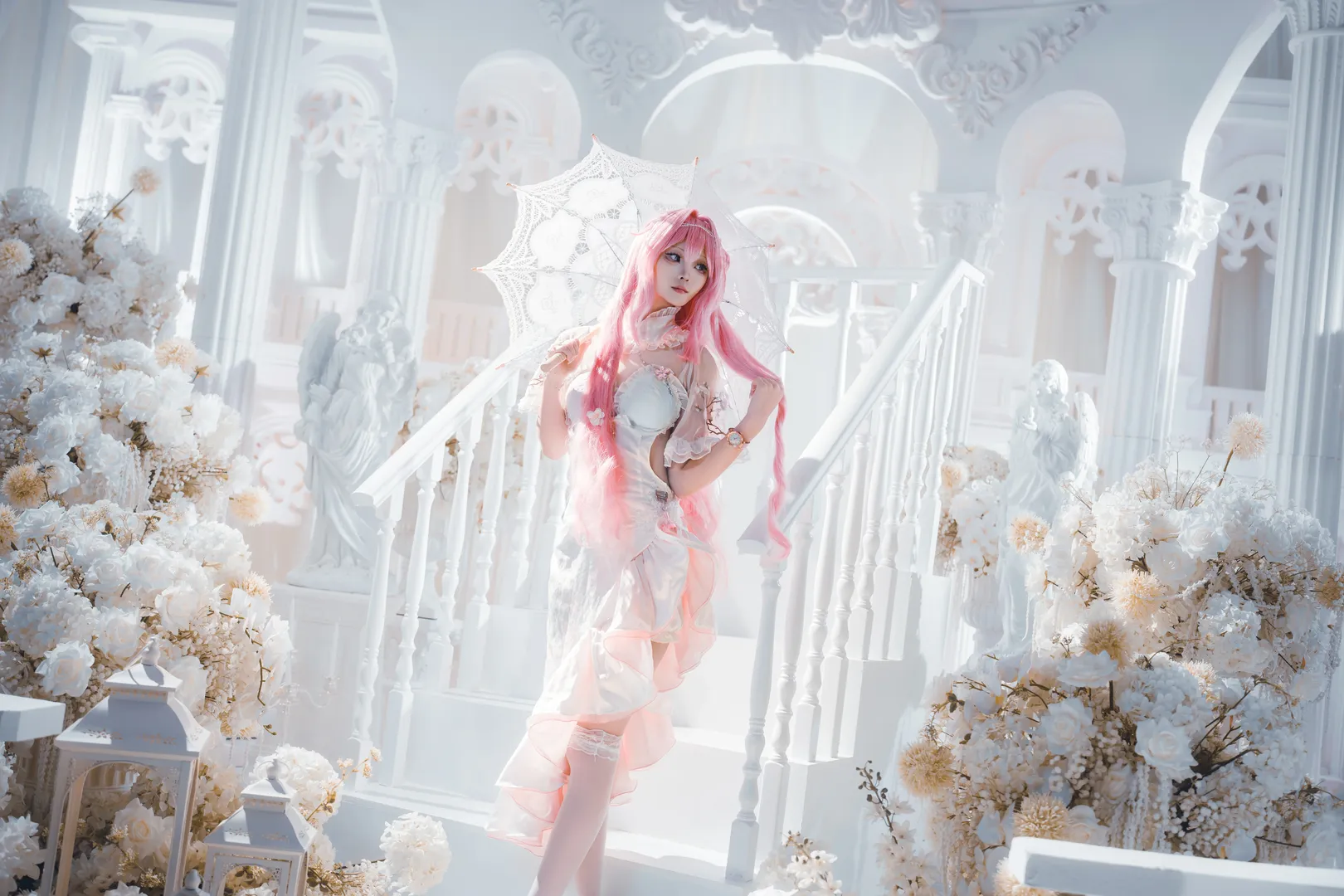 Goddess of Victory: Nikke, Dreamy photography, Dorothy cosplay, White formal dress, Lace parasol
