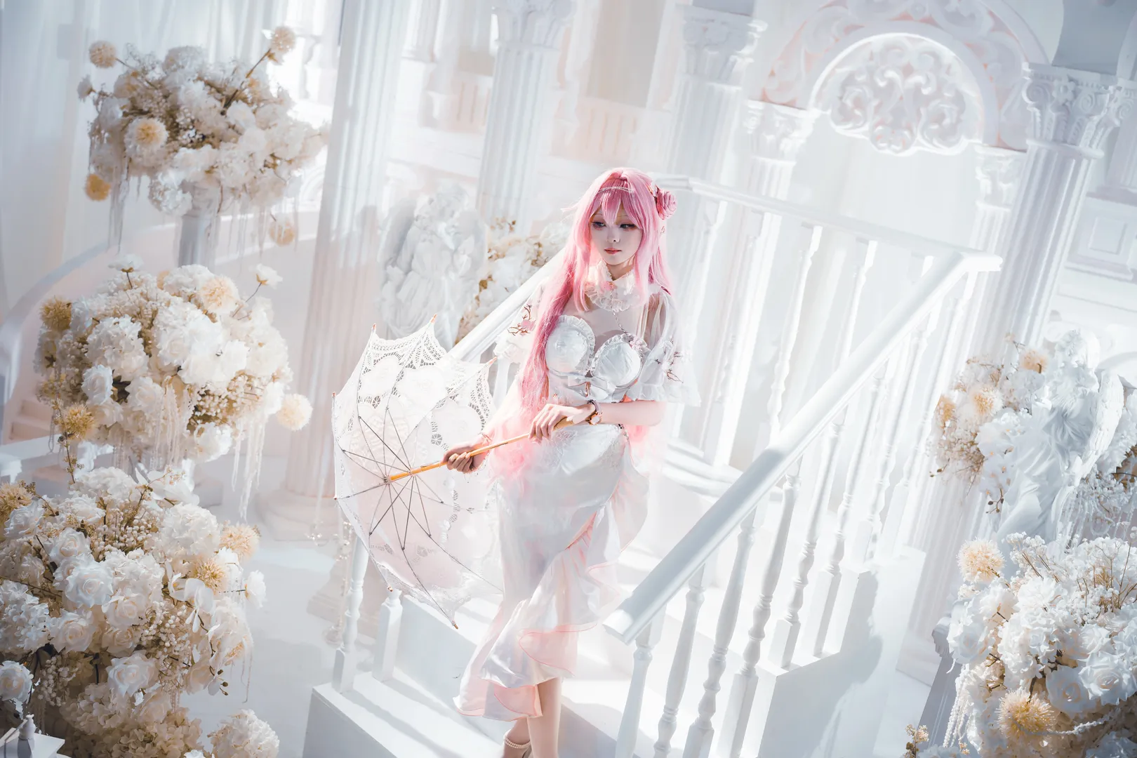 Goddess of Victory: Nikke, Dreamy photography, Dorothy cosplay, White formal dress, Lace parasol - Image 3