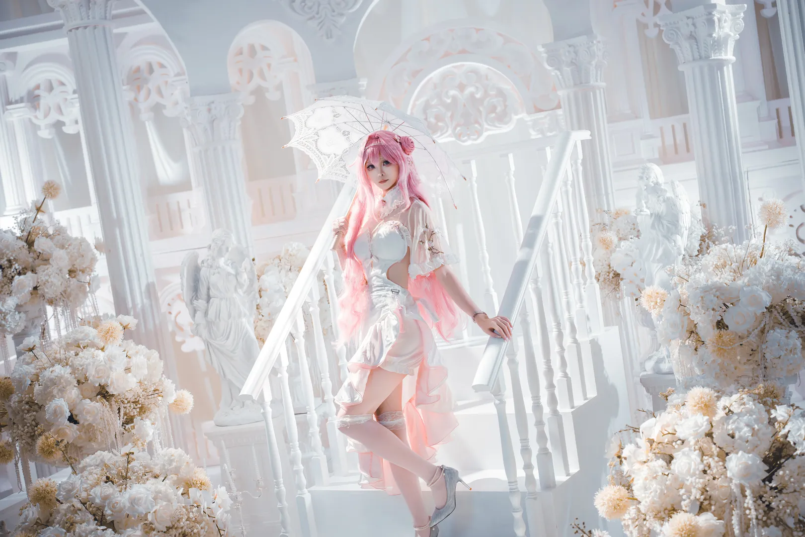 Goddess of Victory: Nikke, Dreamy photography, Dorothy cosplay, White formal dress, Lace parasol - Image 5