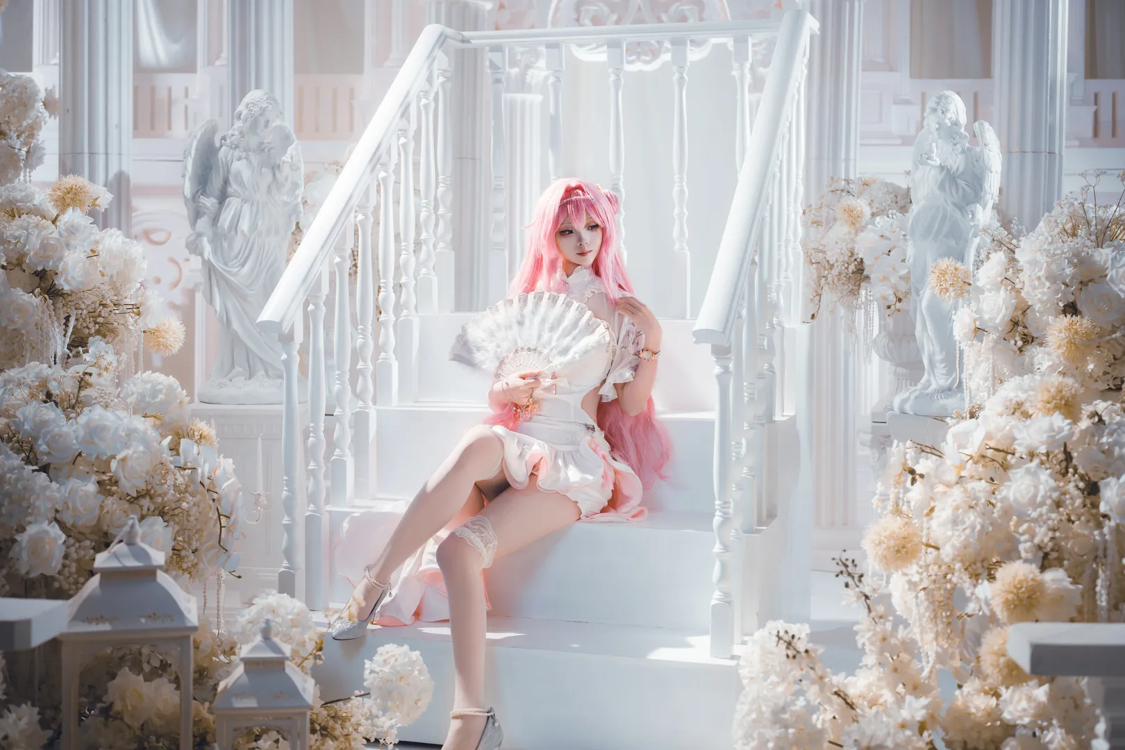 Goddess of Victory: Nikke, Dreamy photography, Dorothy cosplay, White formal dress, Lace parasol - Image 6