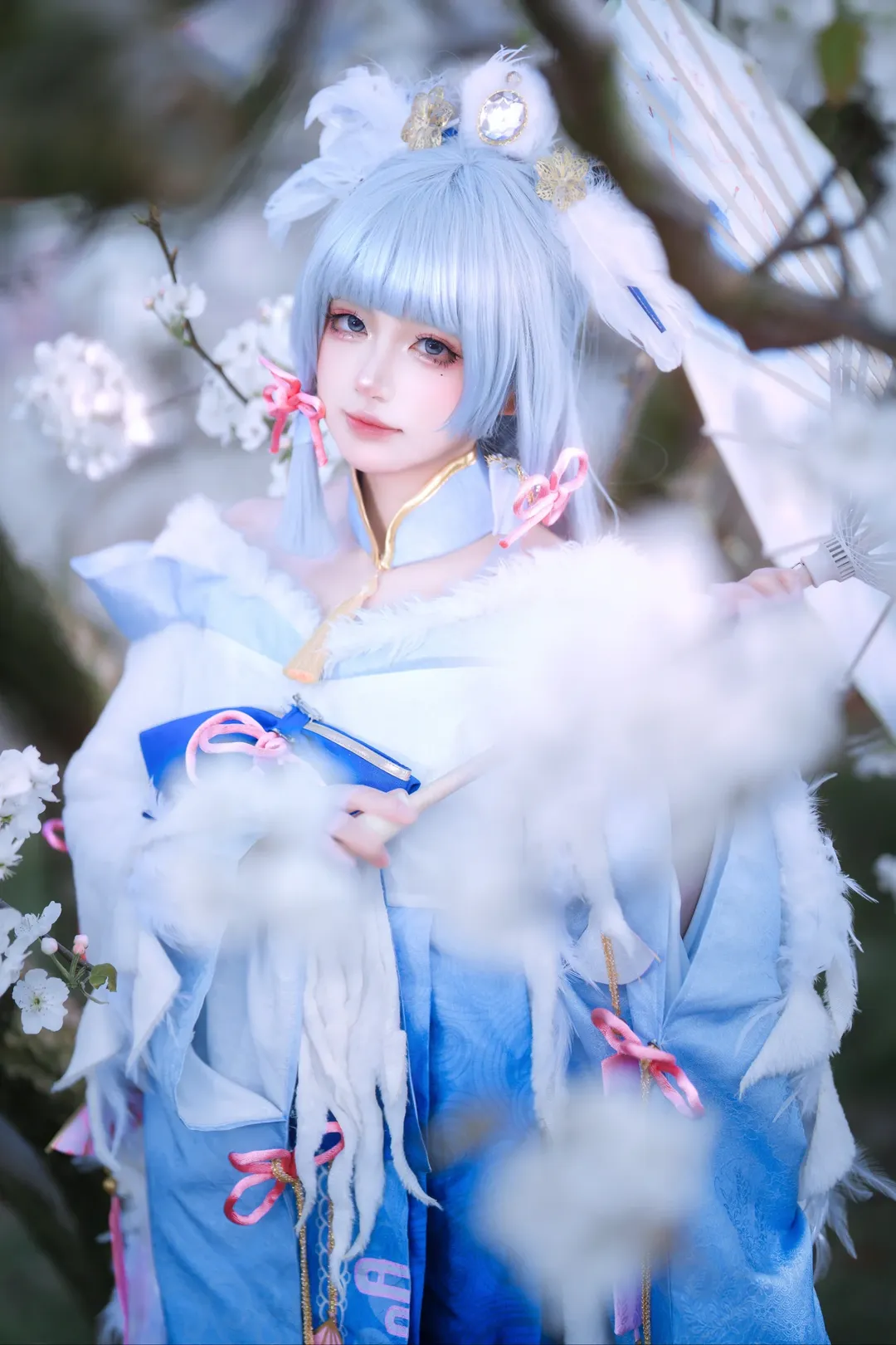 Roleplay, Genshin Impact, Kamisato Ayaka cosplay, Cherry blossom atmosphere, Winter photoshoot