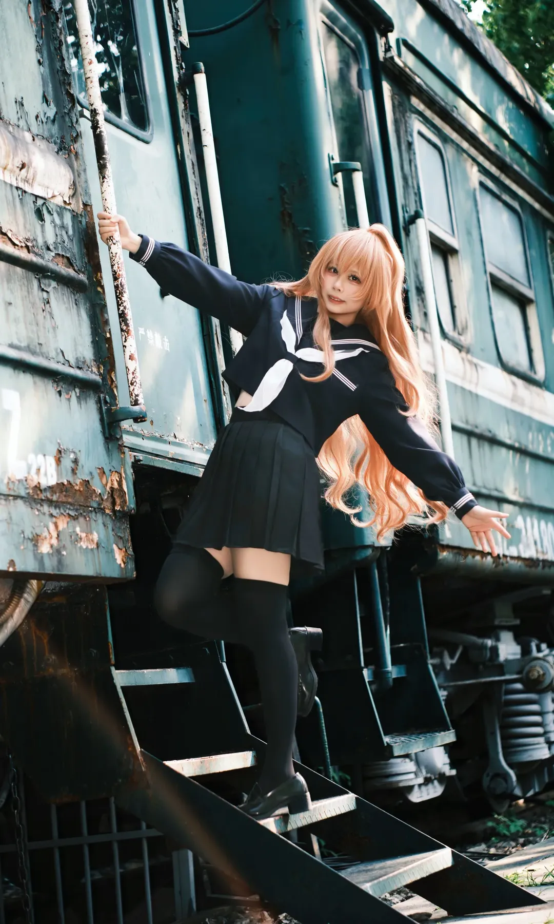 cosplay, 逢坂大河cos, 龙与虎, 水手服, 铁轨外景 - 第6张