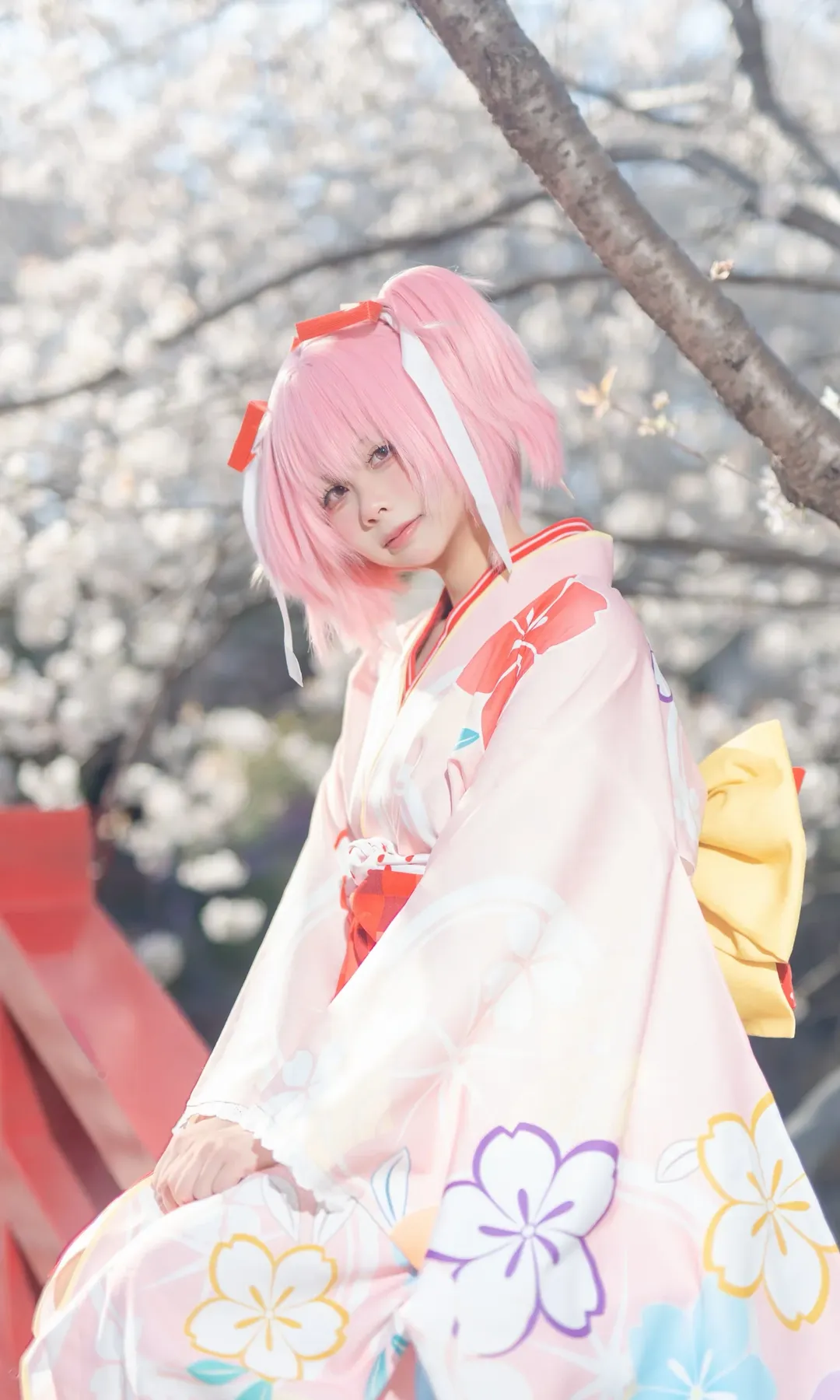 鹿目圆cos, 魔法少女小圆, cosplay摄影, 樱花季写真, 和服浴衣